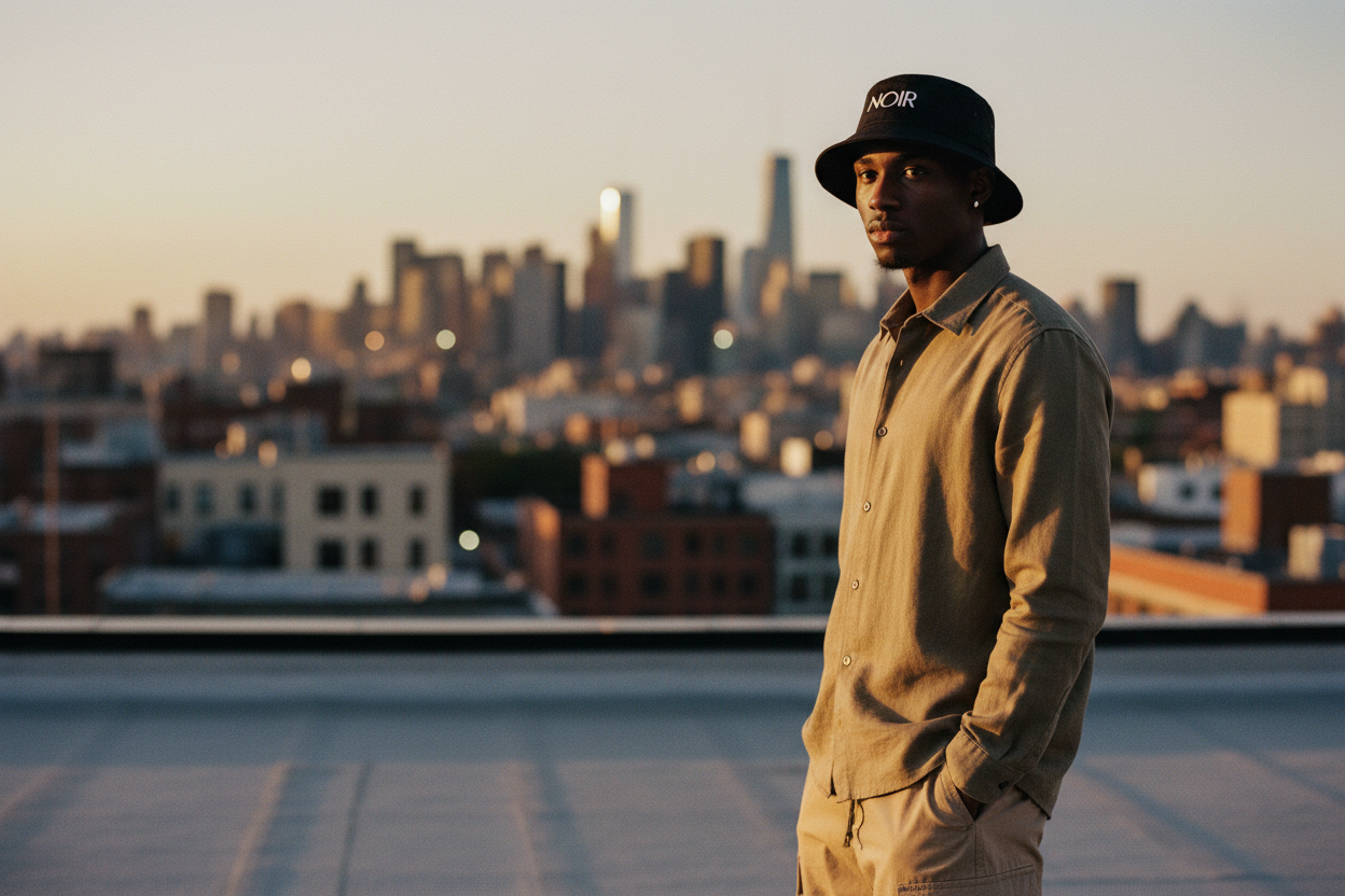 Noir Bucket Hat — Editorial Golden Hour