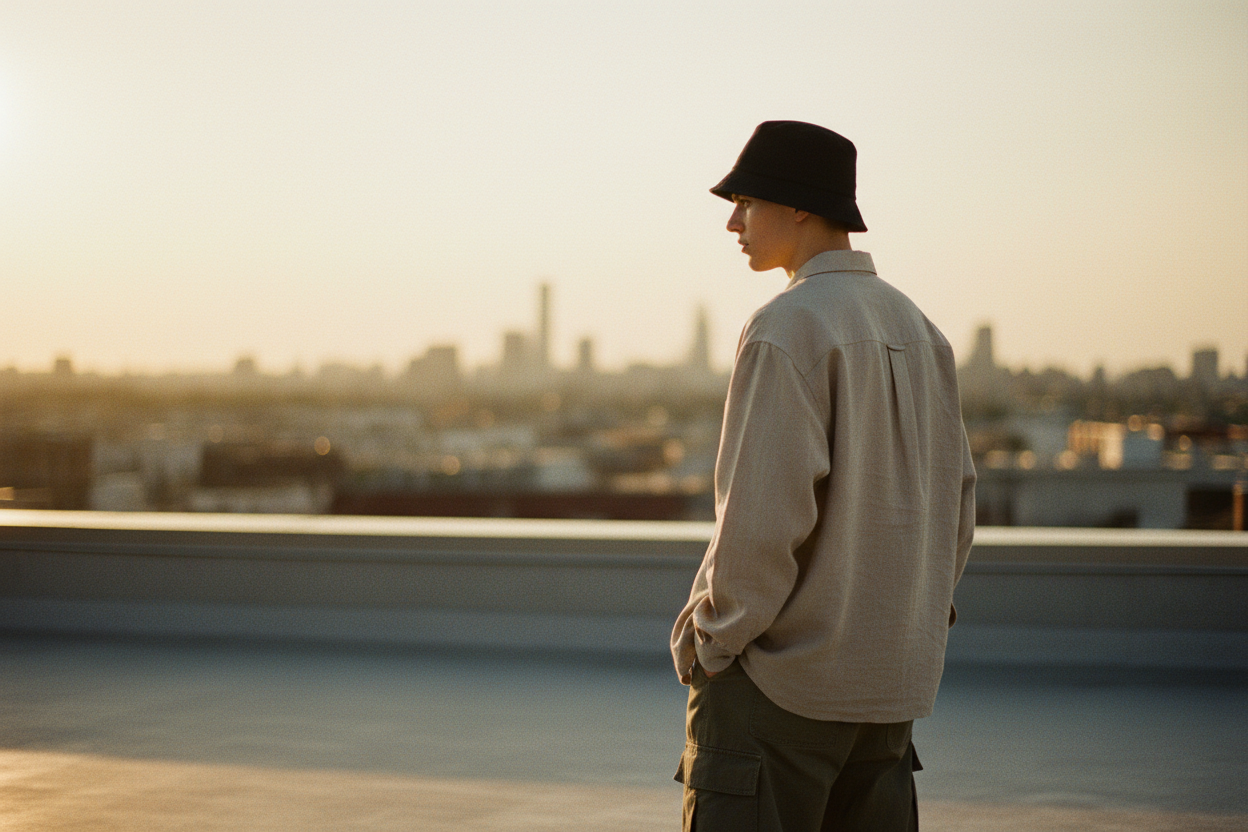 Noir Bucket Hat — Golden Hour Rooftop